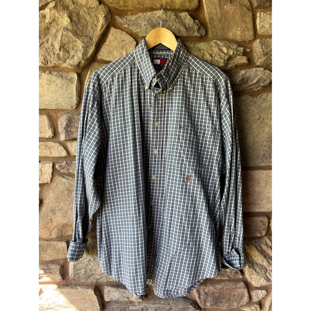 Vintage Tommy Hilfiger Mens Blue Gingham Check Button Down Shirt Crest Logo L